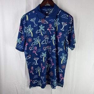 Chubbies Polo Shirt Mens Medium Blue Neon Palm Flamingo Cocktail Tropical Party